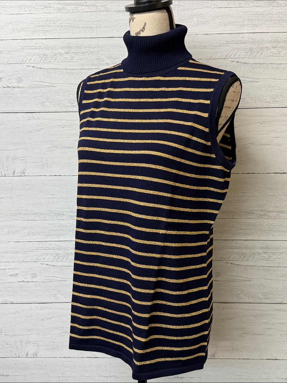 NWOT Navy and Gold Stripe Mock Turtleneck Sleeveless Top